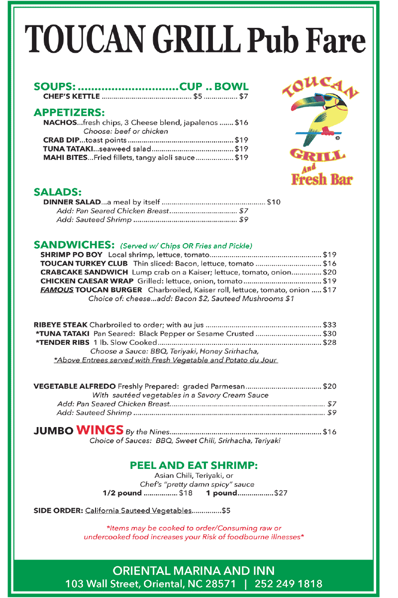 Toucan Grill Pub Menu, this is an image file. A paper copy or reading available on request