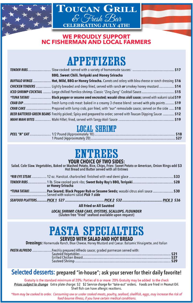 Toucan Grill Pub Menu, this is an image file. A paper copy or reading available on request