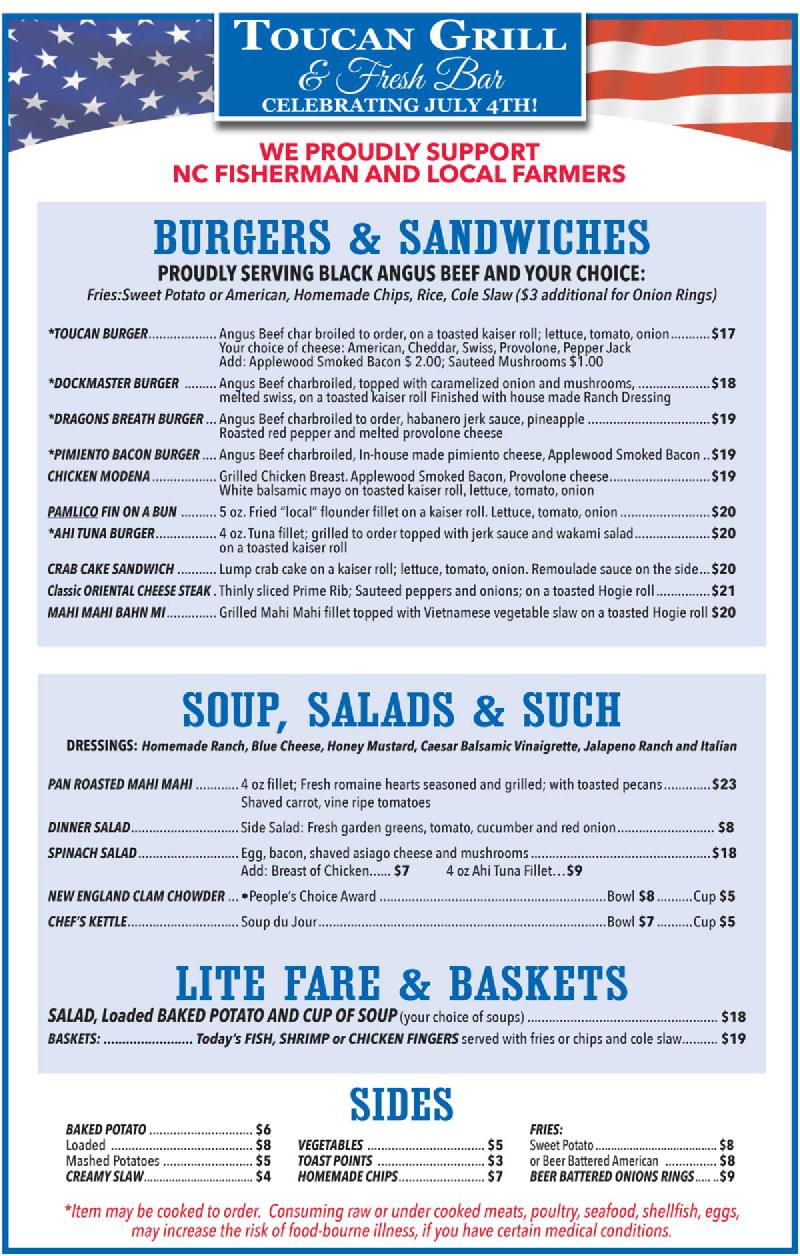 Toucan Grill Pub Menu, this is an image file. A paper copy or reading available on request